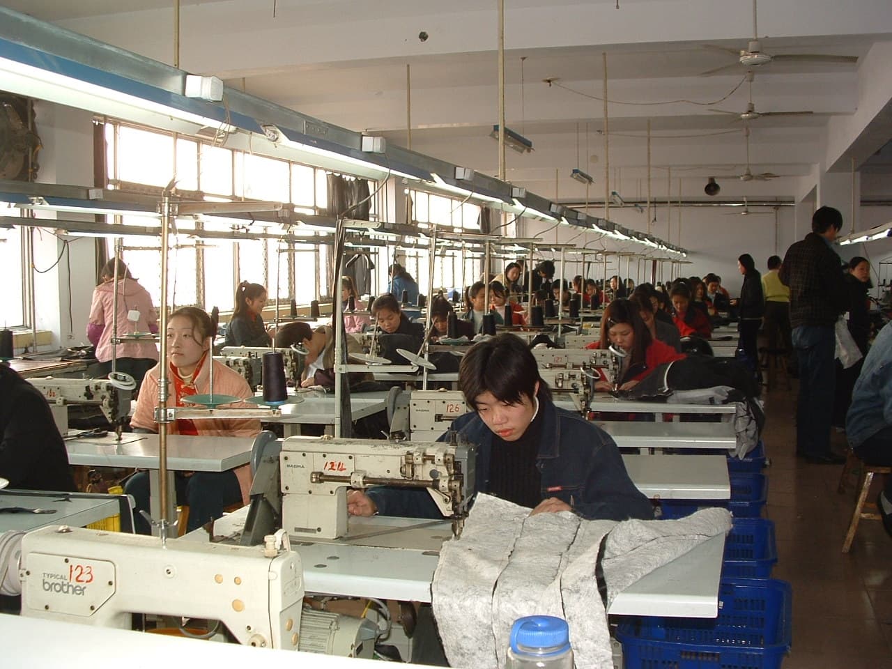 Garment factory sewing line producing apparel