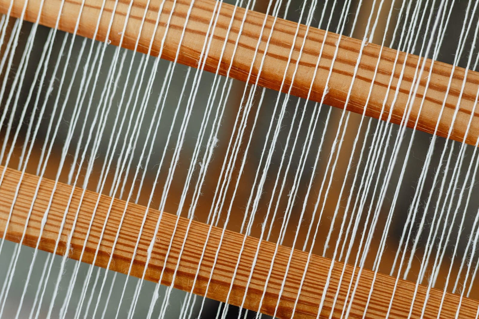 Warp threads stretched lengthwise on a wooden loom frame, showing the warp yarn system