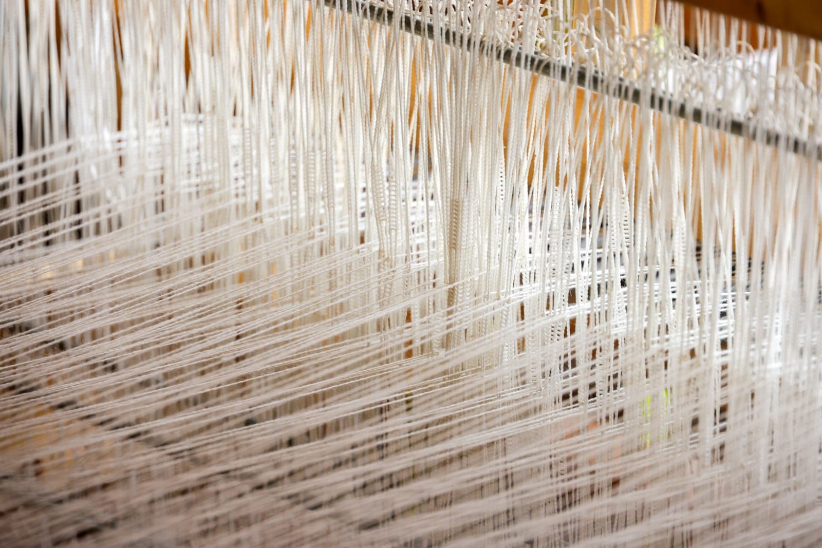Warp threads stretched across a loom during the weaving process